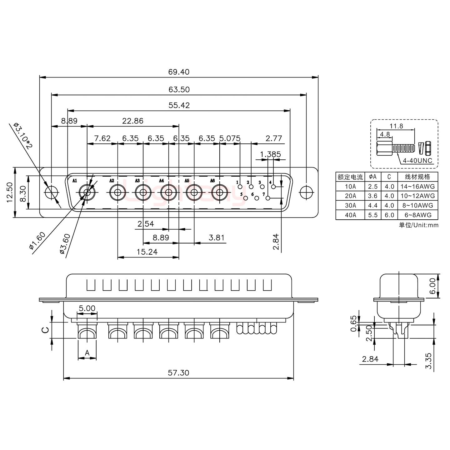 13W6B公短體焊線/配螺絲螺母/大電流20A