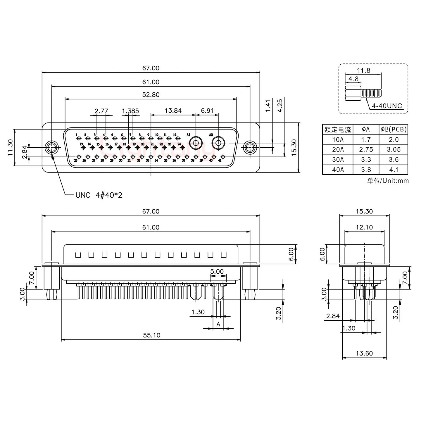 43W2公PCB直插板/鉚魚叉7.0/大電流40A