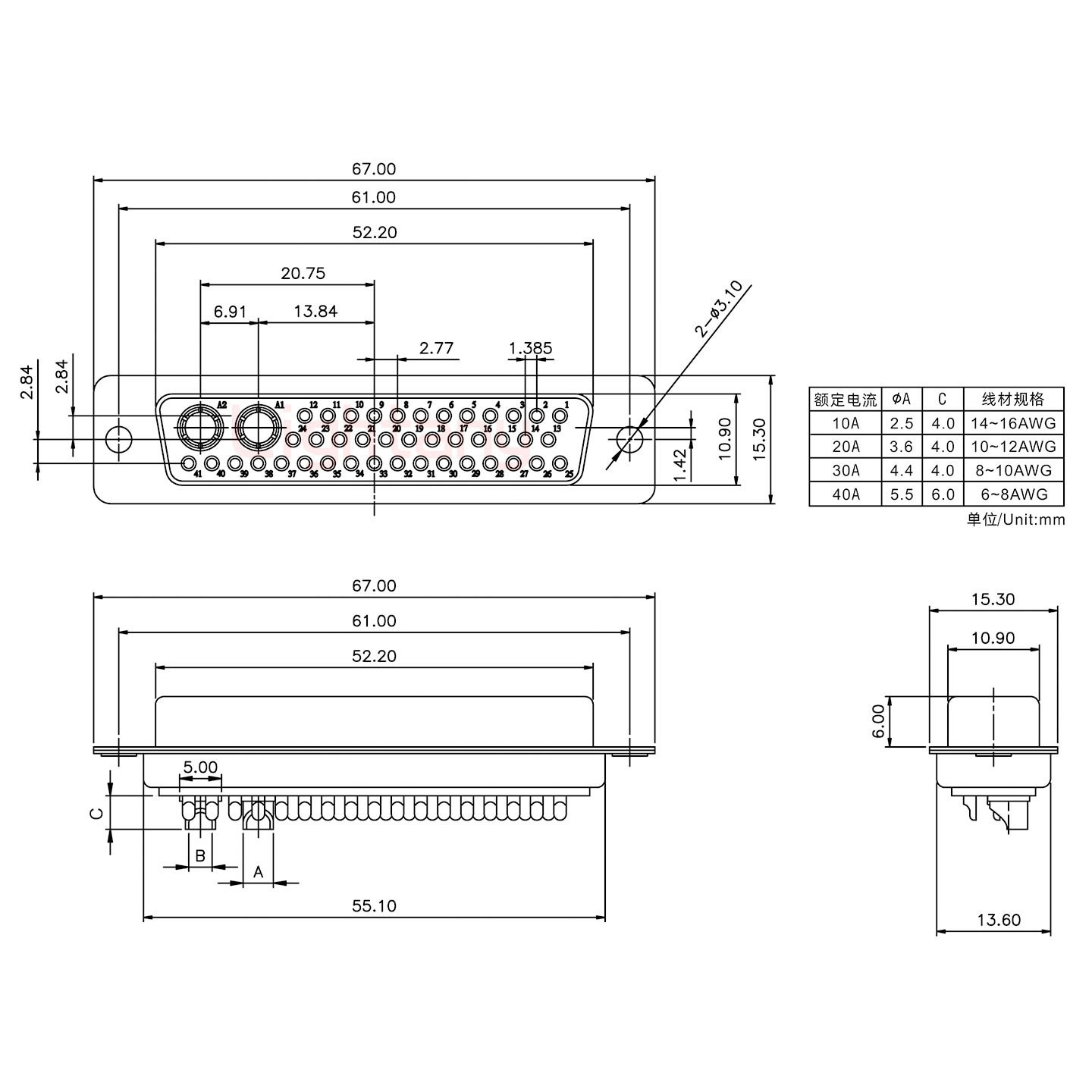 43W2母短體焊線20A+50P金屬外殼1746斜出線4~12mm