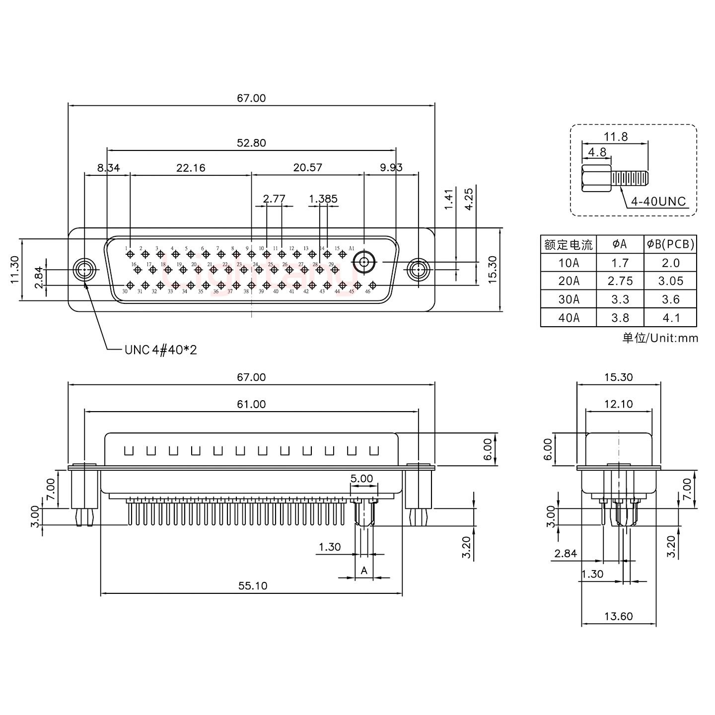 47W1公PCB直插板/鉚魚叉7.0/大電流20A