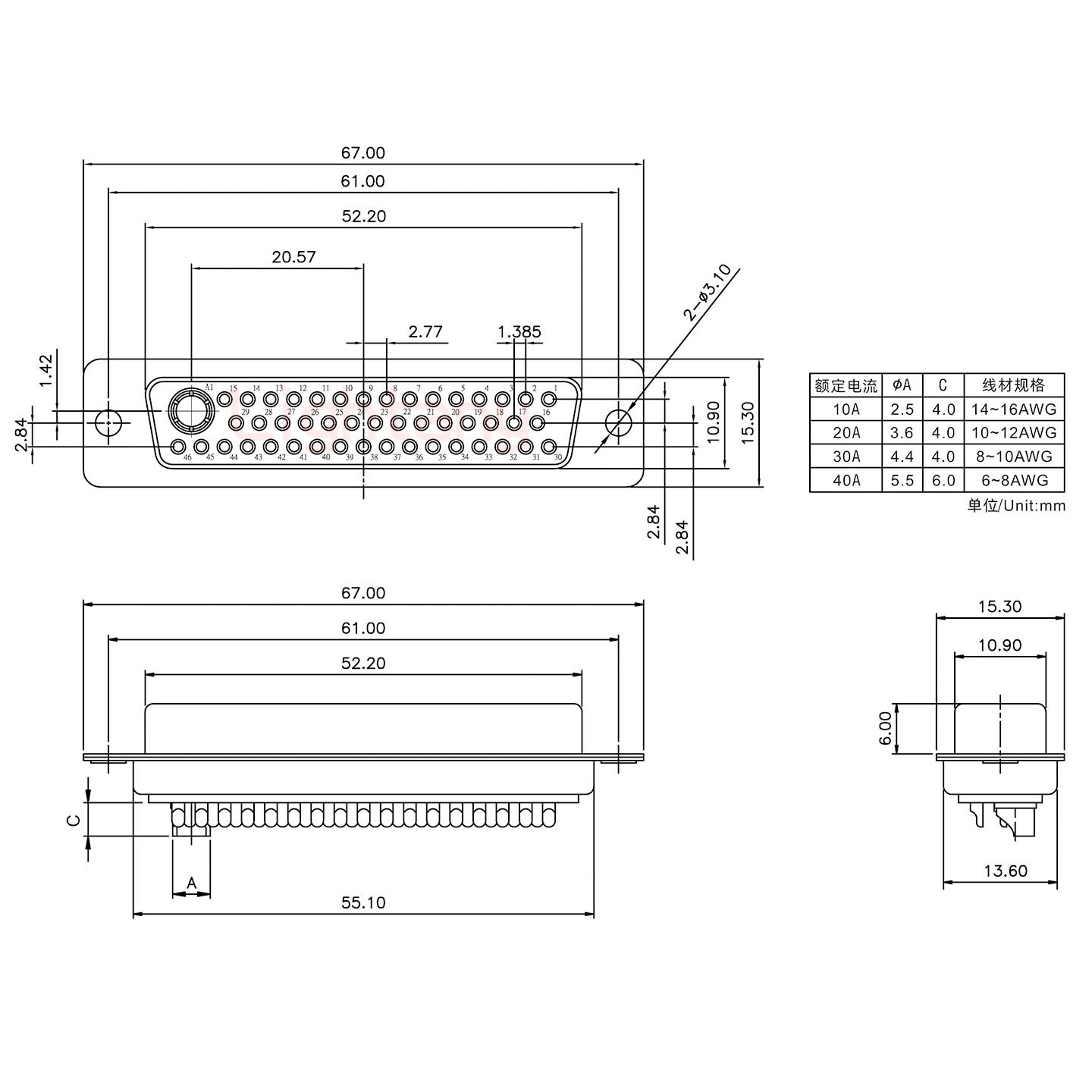 47W1母短體焊線/光孔/大電流40A