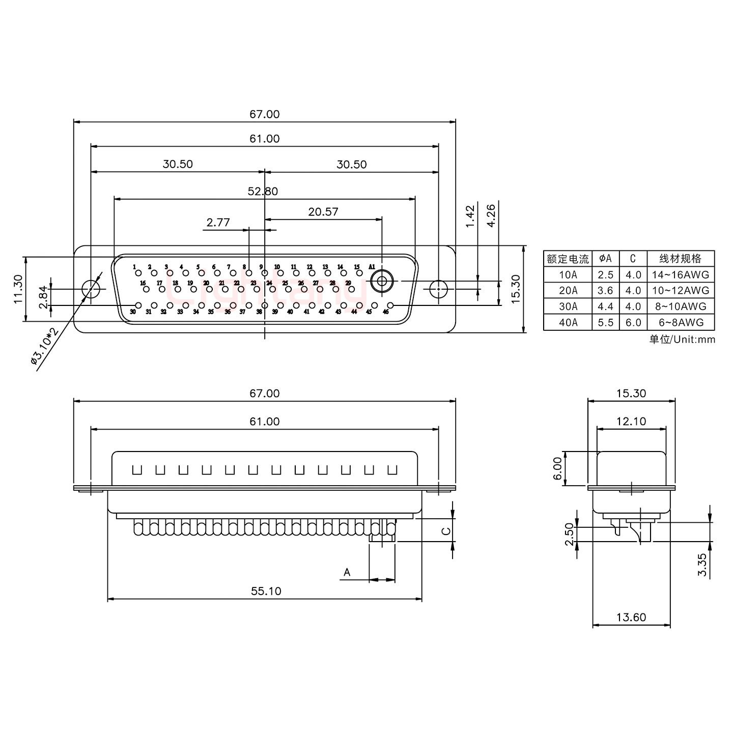 47W1公短體焊線/光孔/大電流20A