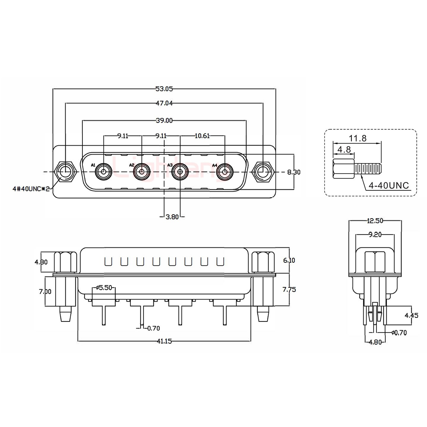 4W4公PCB直插板/鉚魚叉7.0/射頻同軸75歐姆