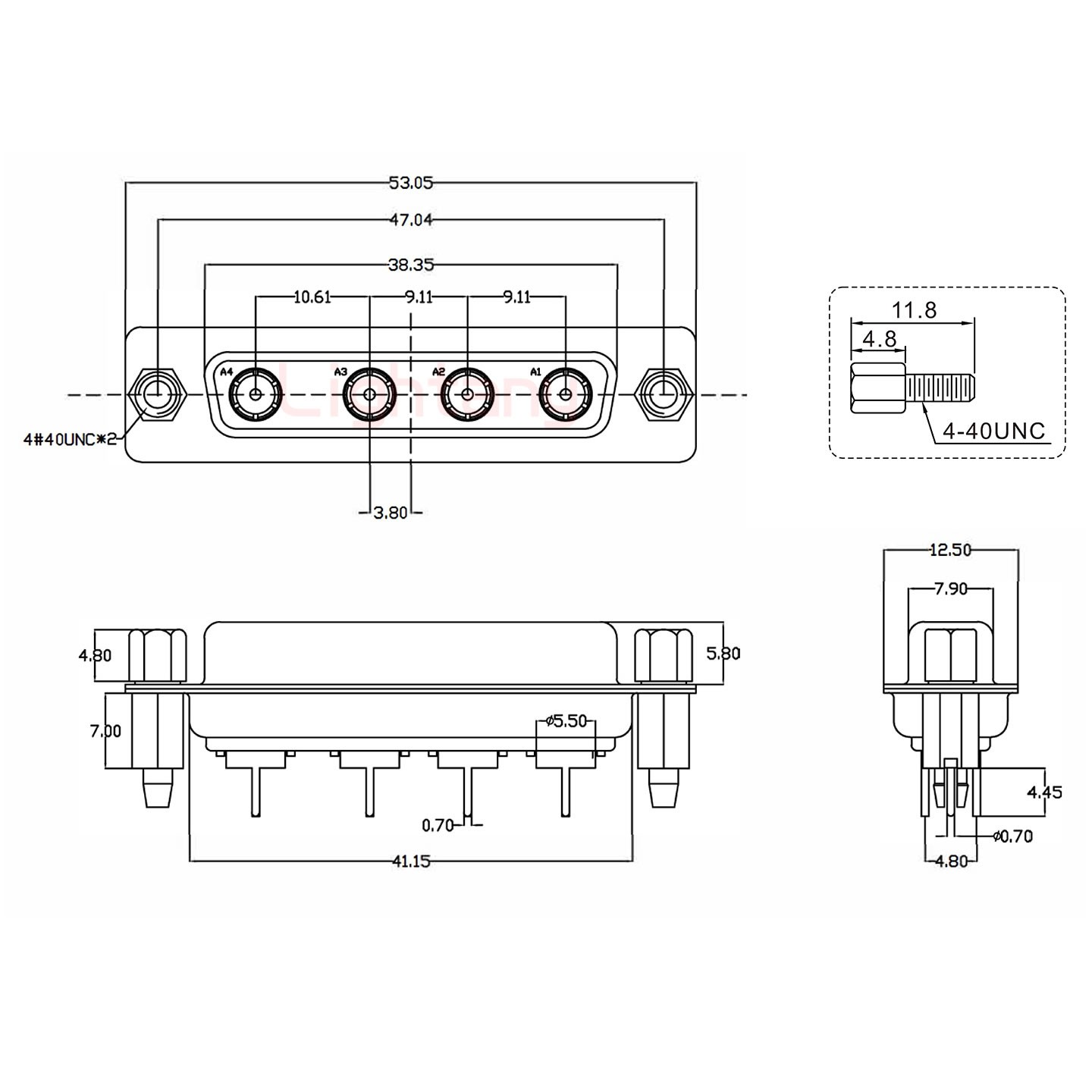 4W4母PCB直插板/鉚魚叉7.0/射頻同軸50歐姆