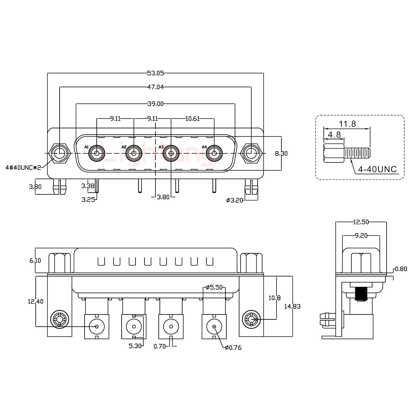 4W4公PCB彎插板/鉚支架10.8/射頻同軸50歐姆