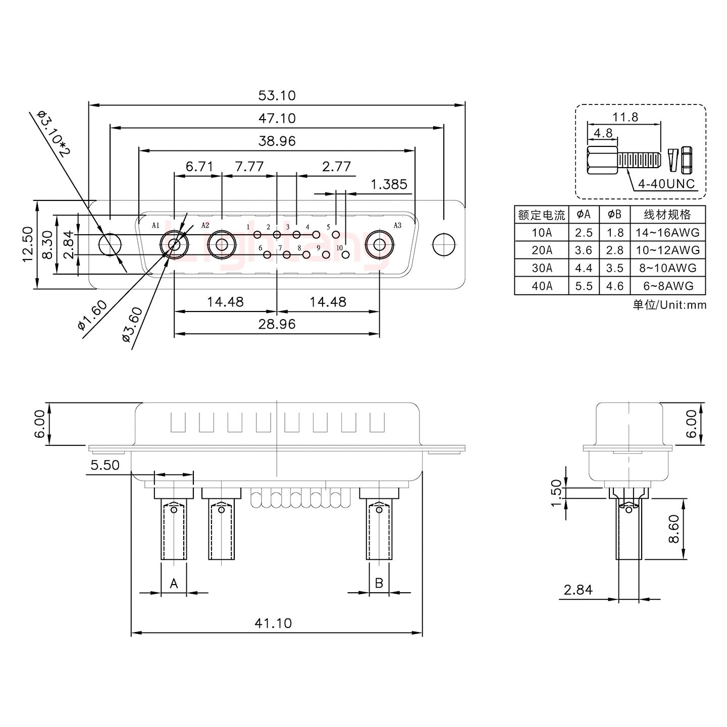 13W3公壓線式/配螺絲螺母/大電流30A