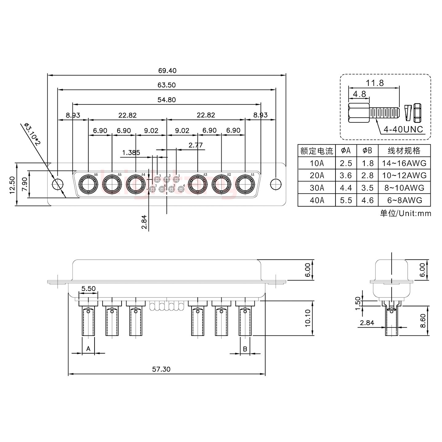 13W6A母壓線式/配螺絲螺母/大電流10A