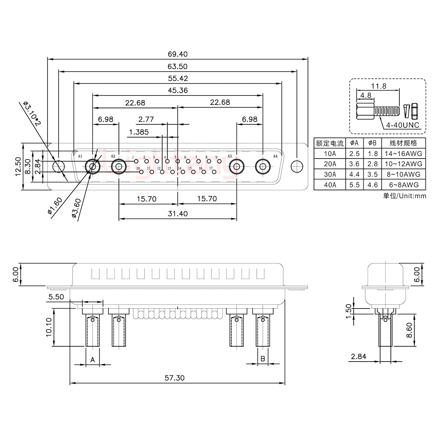 21W4公壓線式/配螺絲螺母/大電流30A