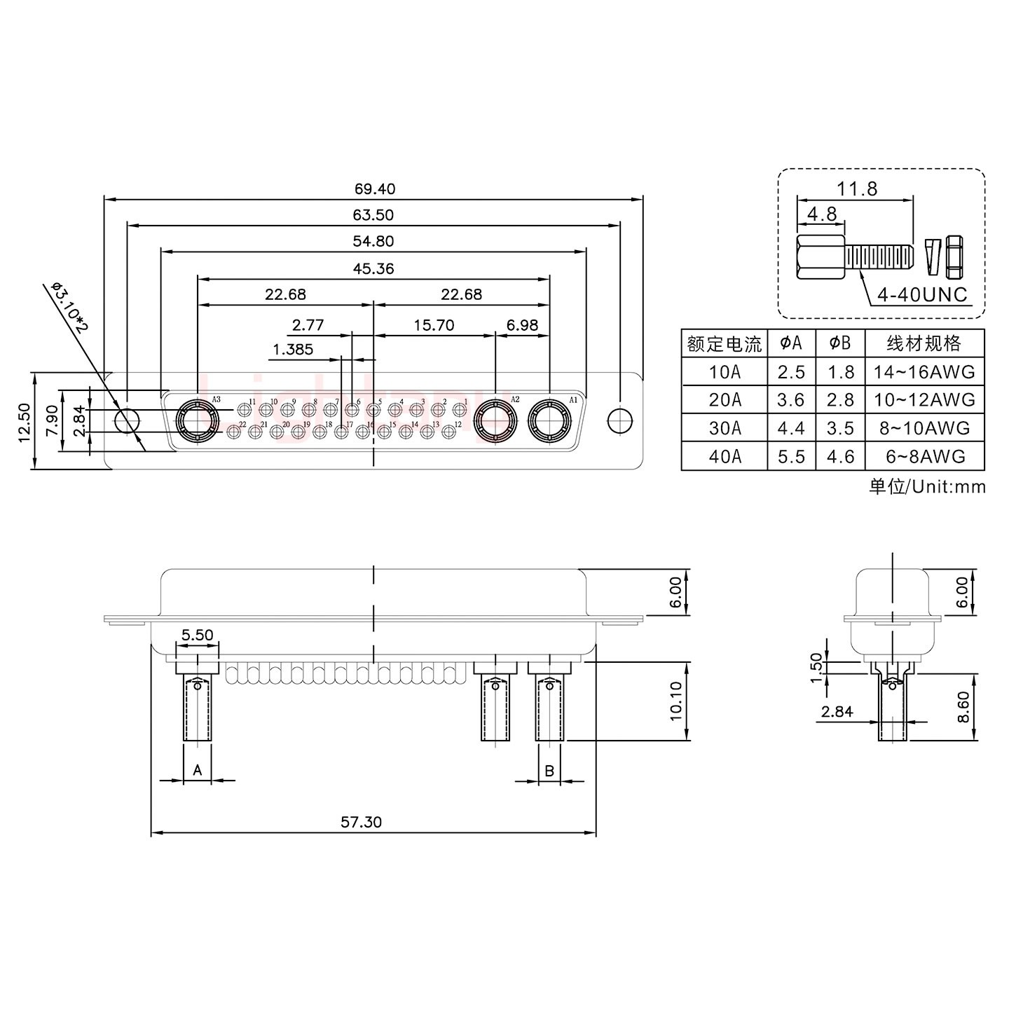 25W3母壓線式/配螺絲螺母/大電流40A