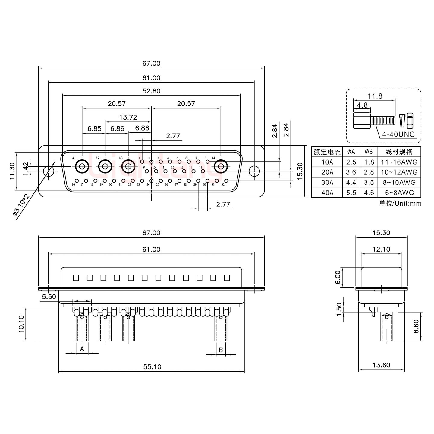 36W4公壓線式/配螺絲螺母/大電流30A