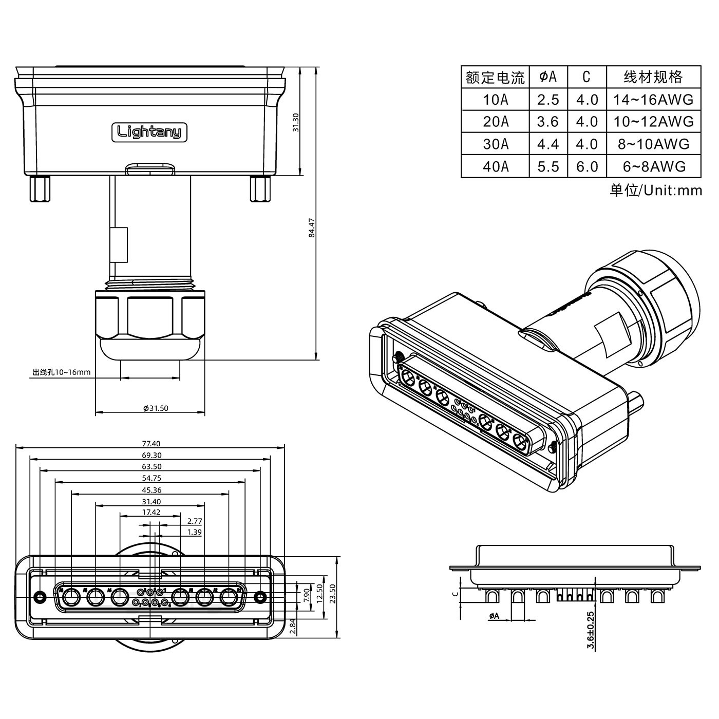 13W6A母頭焊線+防水接頭/線徑10~16mm/大電流40A