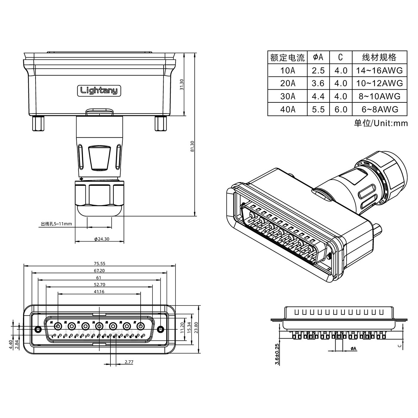 24W7公頭焊線+防水接頭/線徑5~11mm/大電流40A