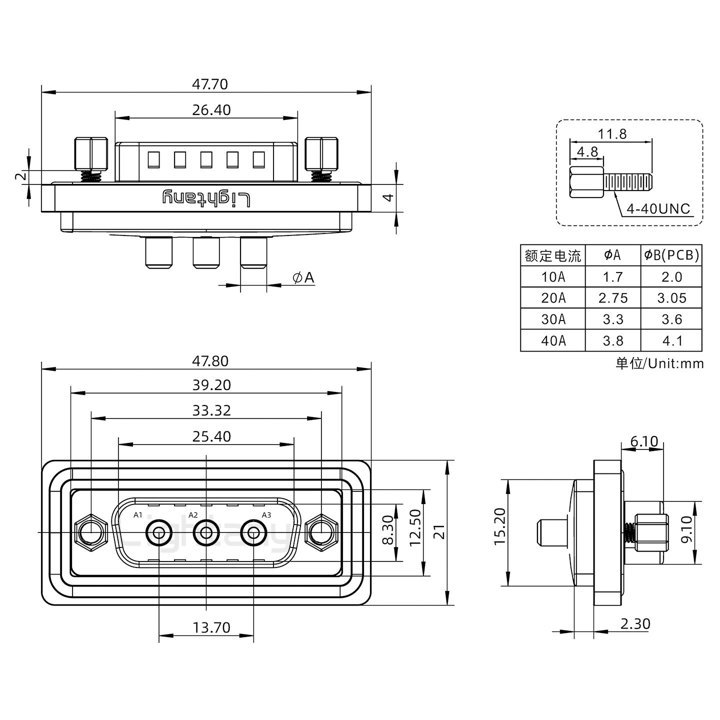 防水3W3公直插板/鎖螺絲/大電流40A