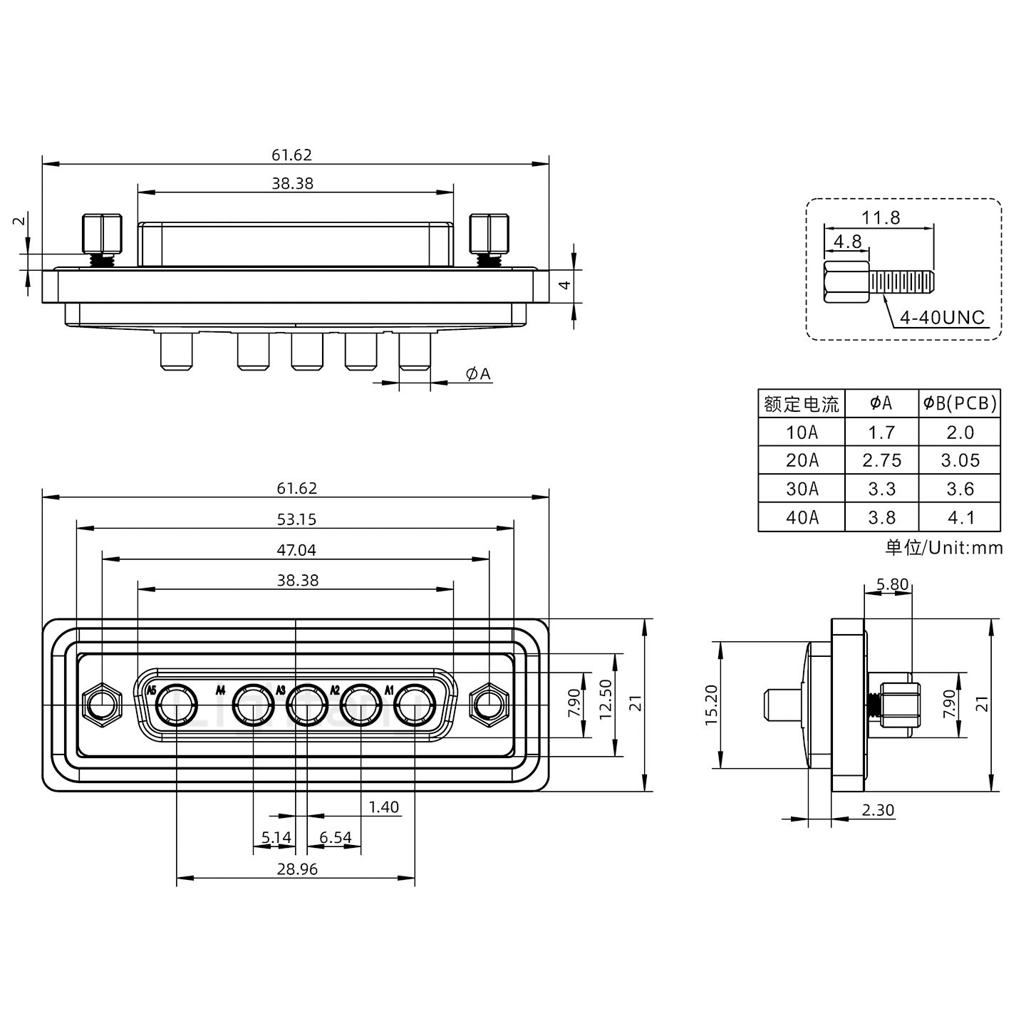 防水5W5母直插板/鎖螺絲/大電流40A