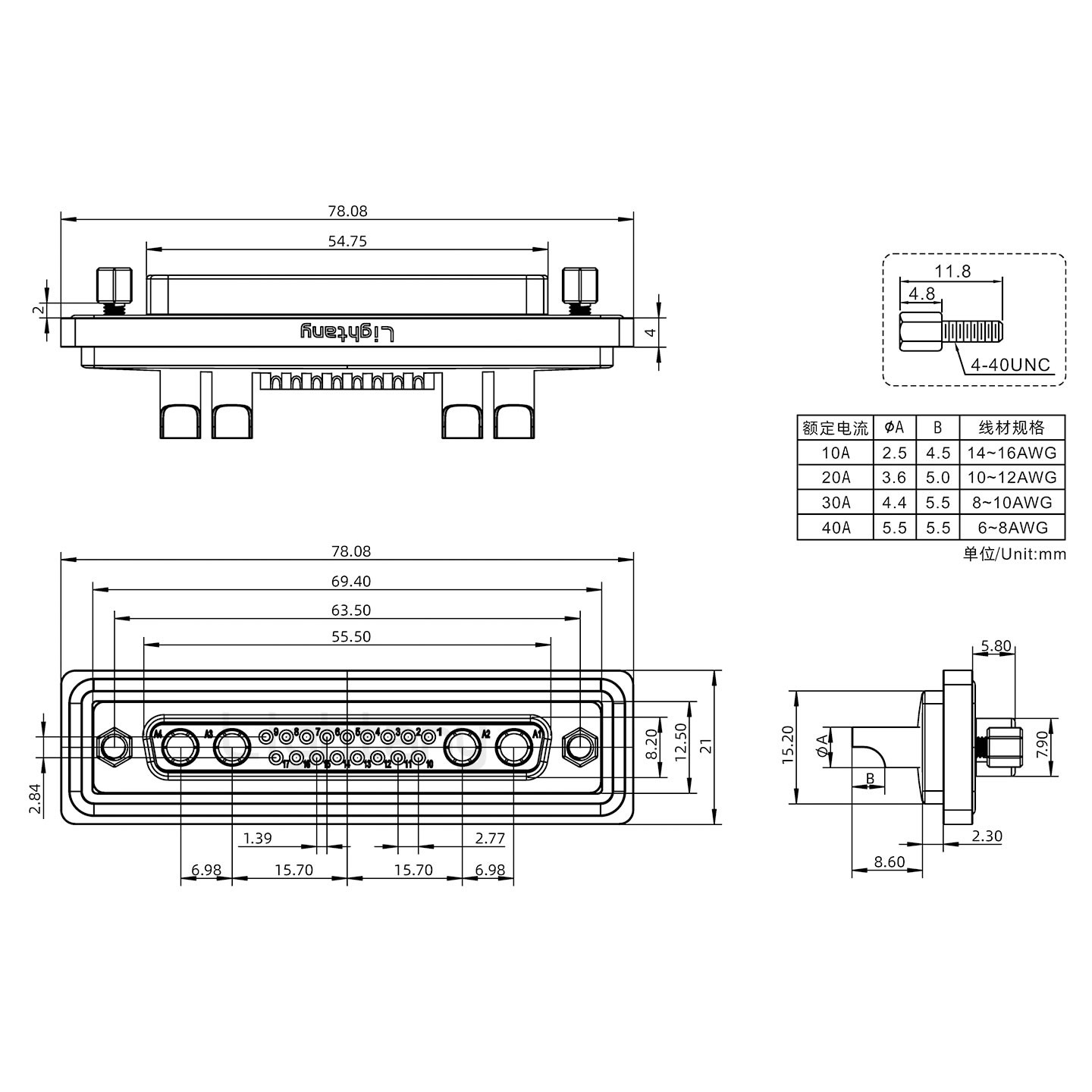 防水21W4母焊線式/鎖螺絲/大電流40A