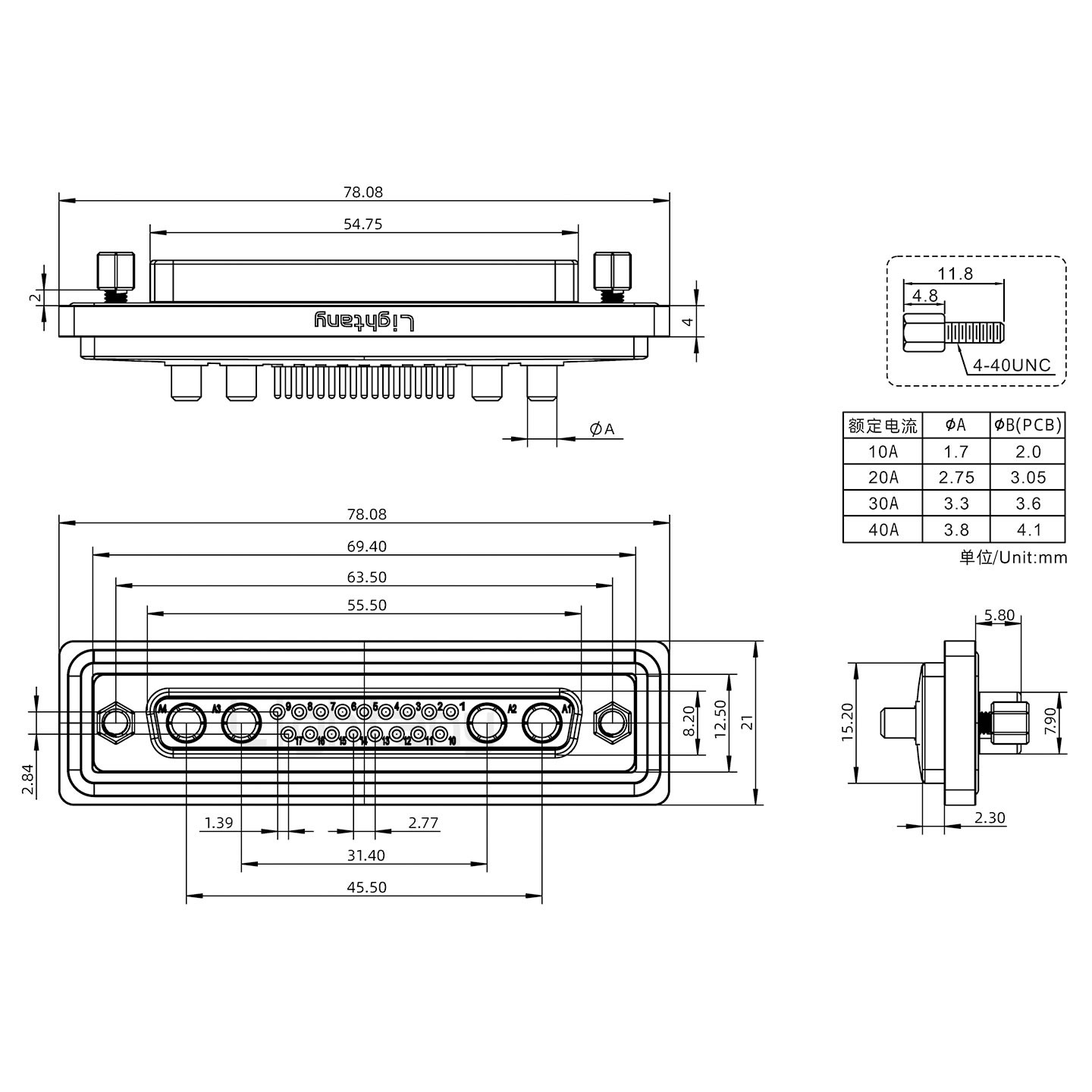 防水21W4母直插板/鎖螺絲/大電流40A