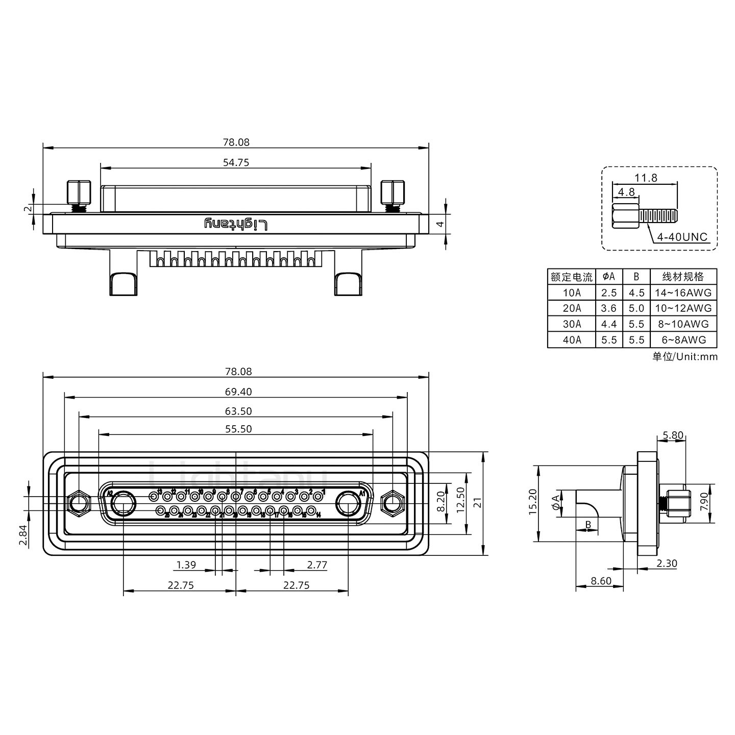 防水27W2母焊線式/鎖螺絲/大電流40A