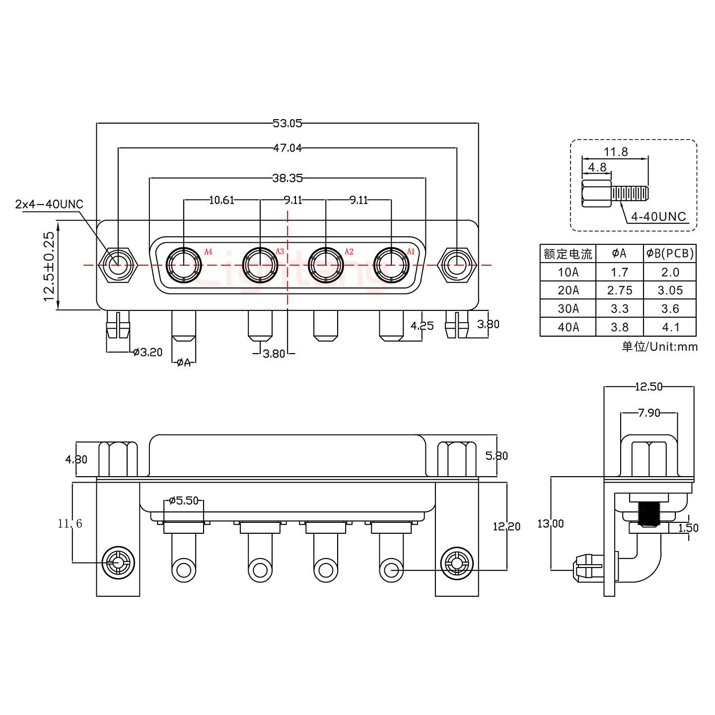 4W4母PCB彎插板/鉚支架11.6/大電流40A