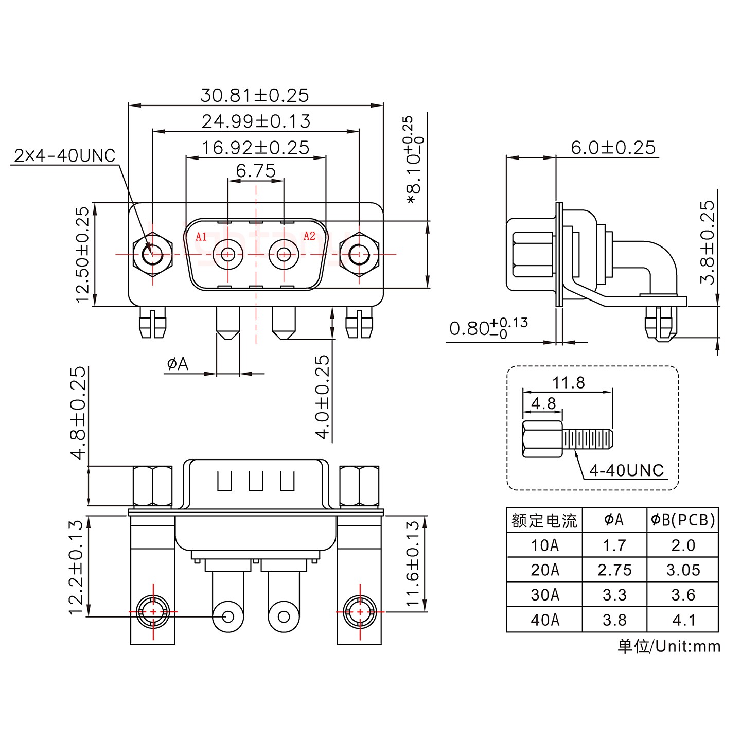 2W2公PCB彎插板/鉚支架11.6/大電流10A